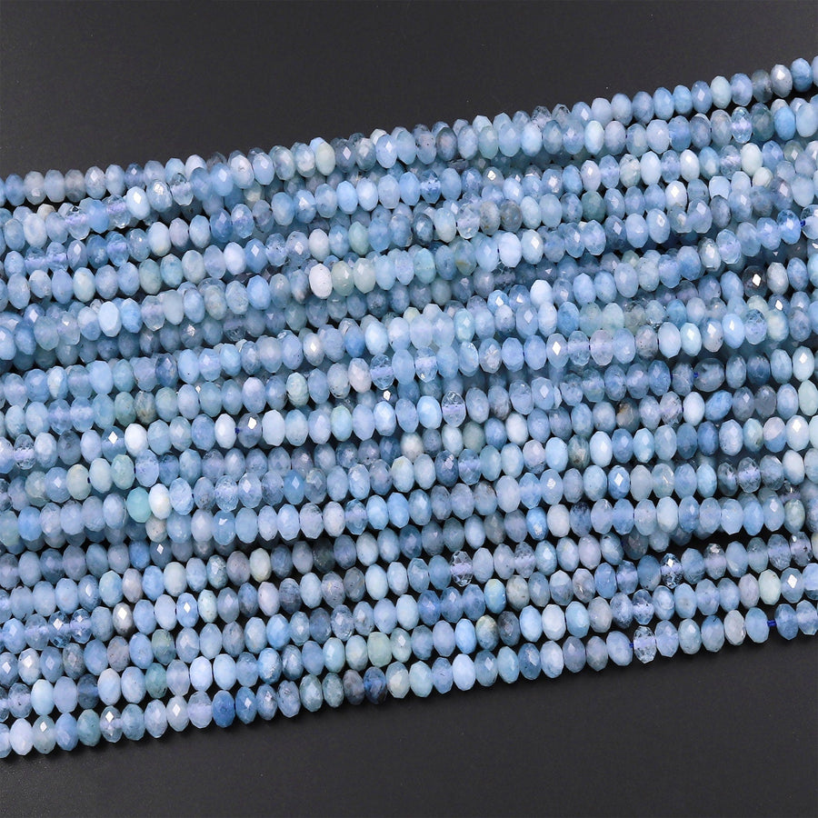 Faceted Natural Blue Aquamarine Rondelle Beads 4mm 15.5" Strand