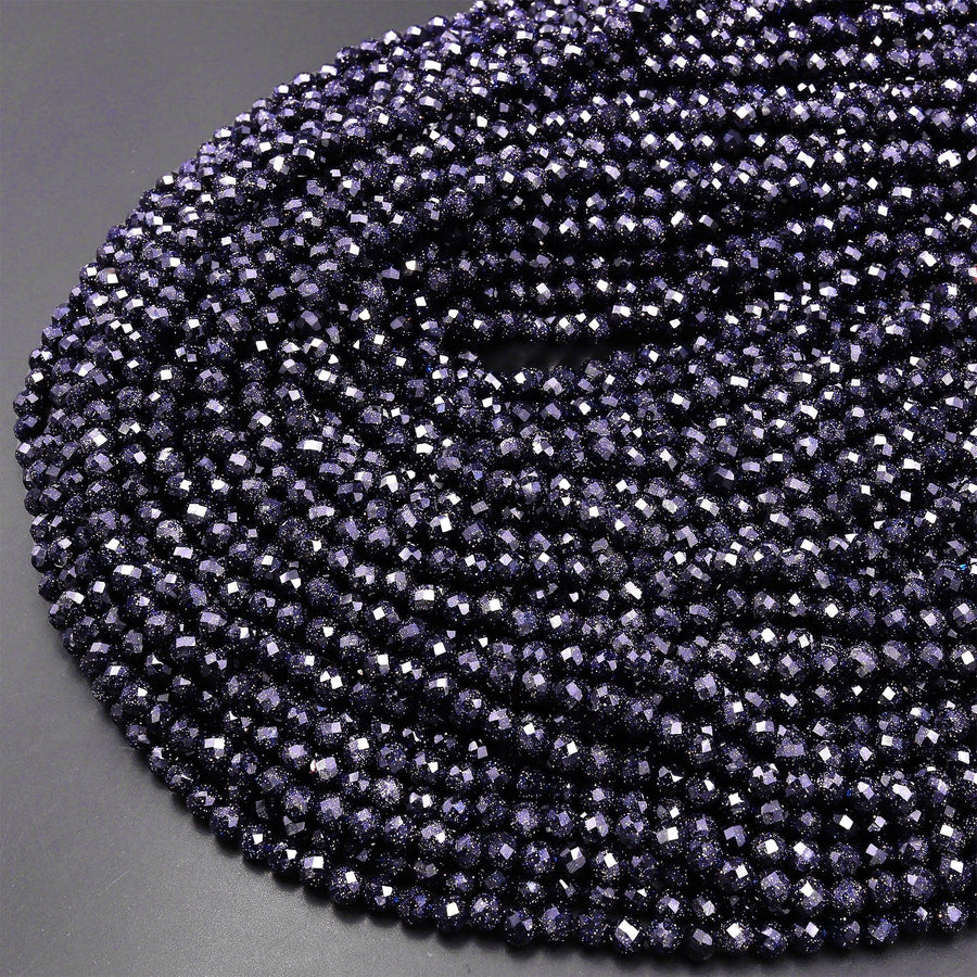Micro Faceted Blue Goldstone Sandstone Round Beads 4mm 15.5" Strand