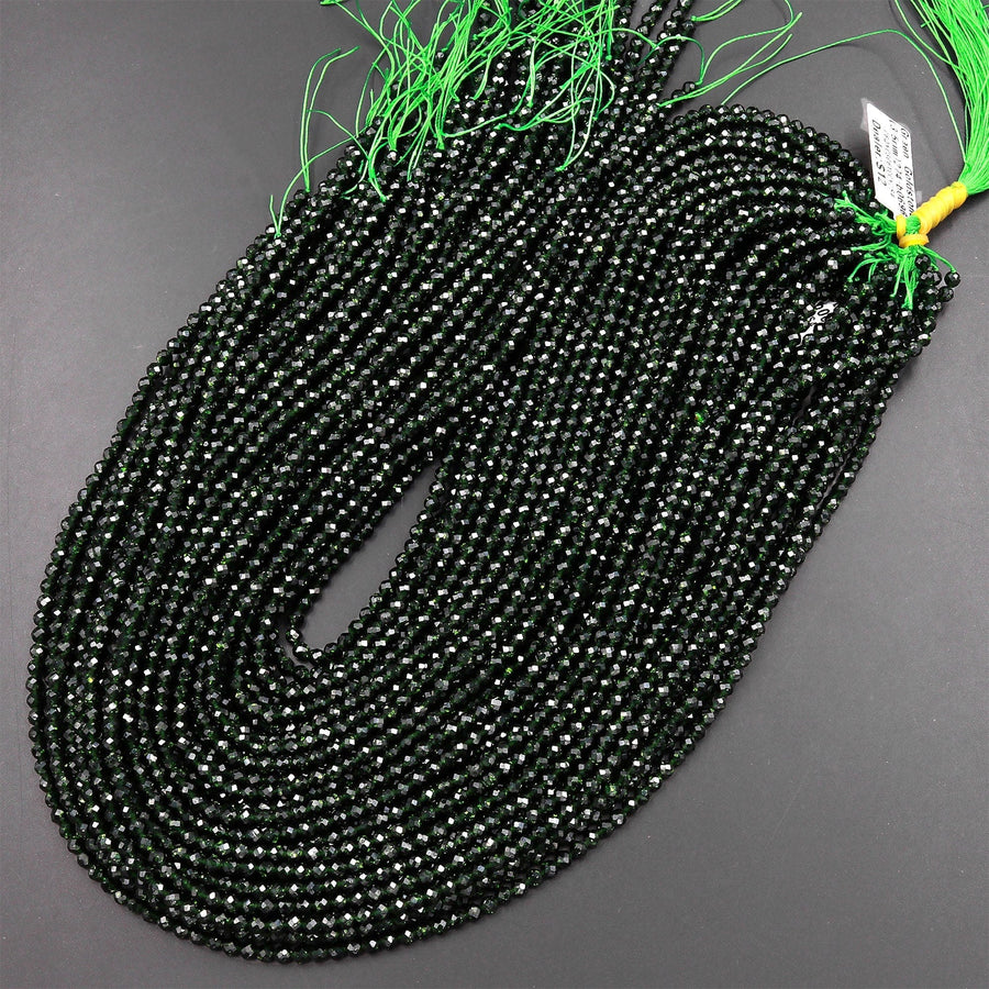 Micro Faceted Green Goldstone Sandstone Round Beads 3mm 4mm 15.5" Strand