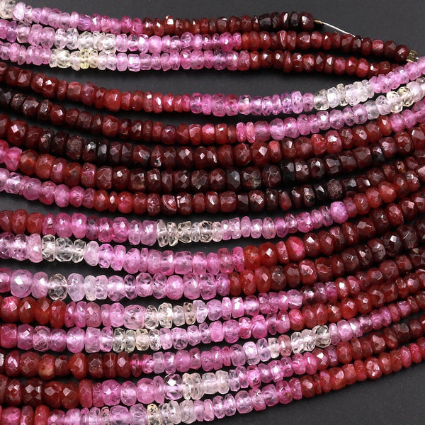 Micro Faceted Natural Pink Red Sapphire Faceted Rondelle 2mm 3mm 4mm Diamond Cut Sparkling Real Genuine Gemstone Beads 16" Strand