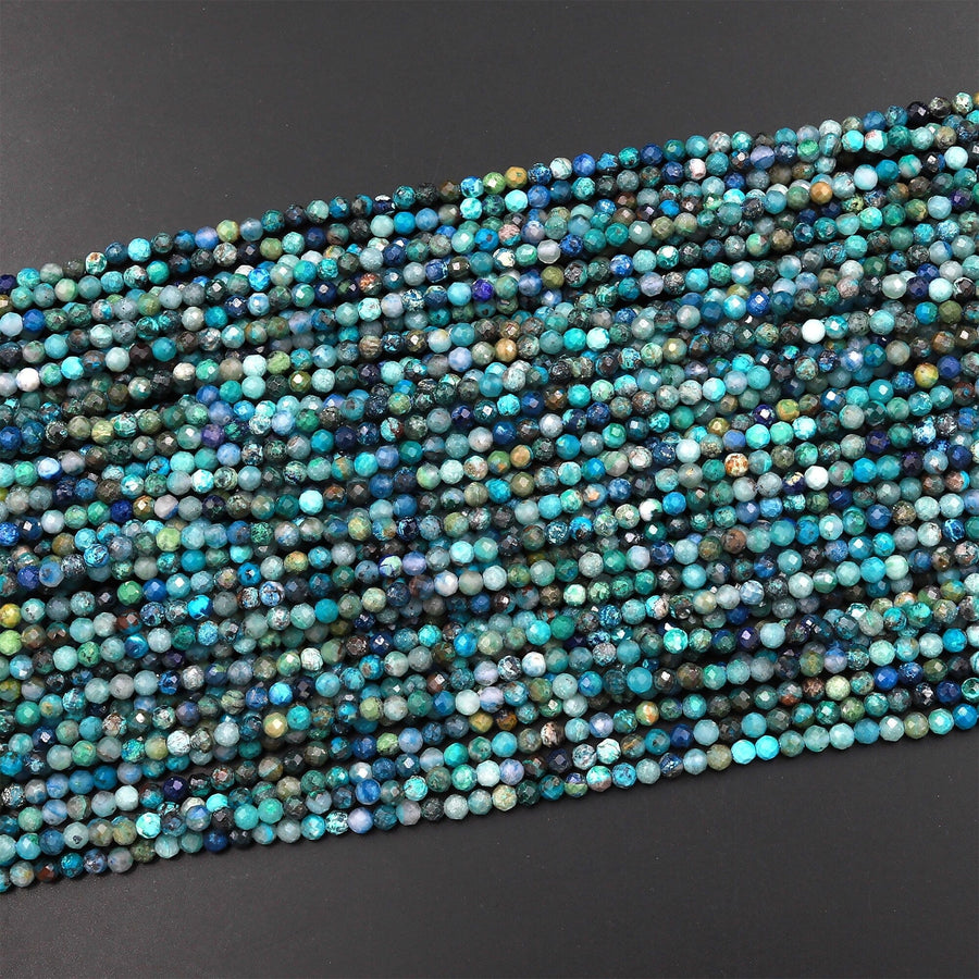 Natural Green Blue Chrysocolla 3mm Faceted Round Beads Micro Diamond Cut Gemstone 15.5" Strand