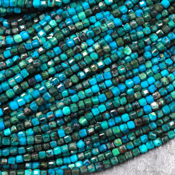 AAA Natural Chrysocolla Shattuckite Faceted 2mm 3mm Cube Dice Square Beads Micro Laser Diamond Cut 15.5" Strand