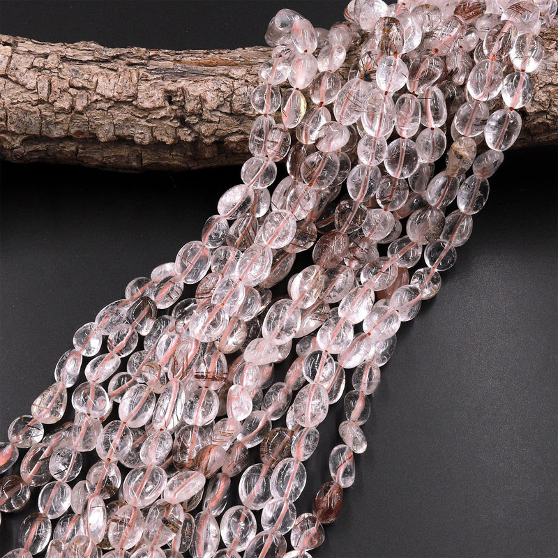 Natural Red Rutile Quartz Freeform Oval Pebble Nugget Beads Gemstone 15.5" Strand