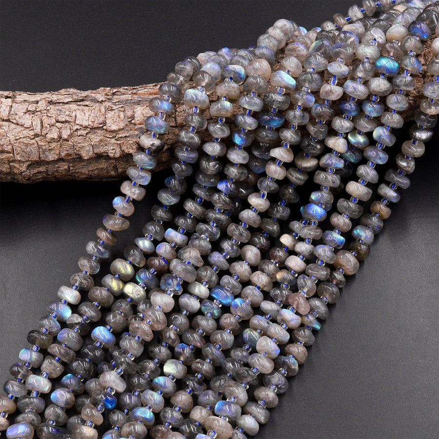 Natural Labradorite Beads 8mm Freeform Center Drilled Thick Rondelle Disc Organic Cut Nuggets 15.5" Strand