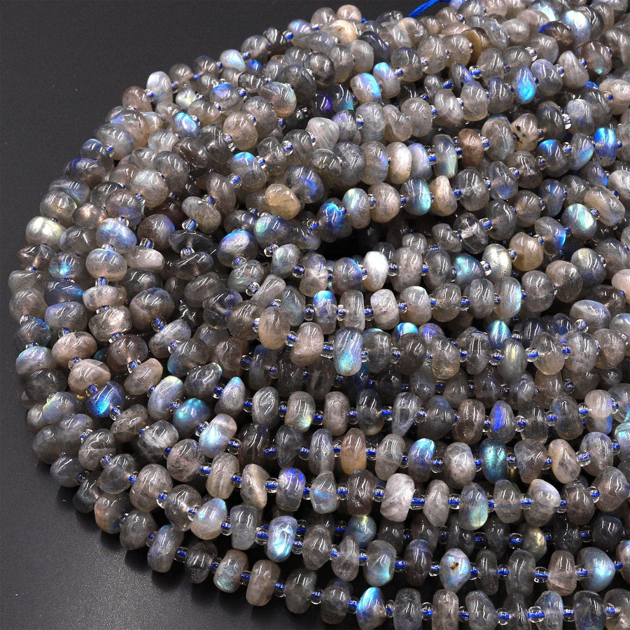 Natural Labradorite Beads 8mm Freeform Center Drilled Thick Rondelle Disc Organic Cut Nuggets 15.5" Strand