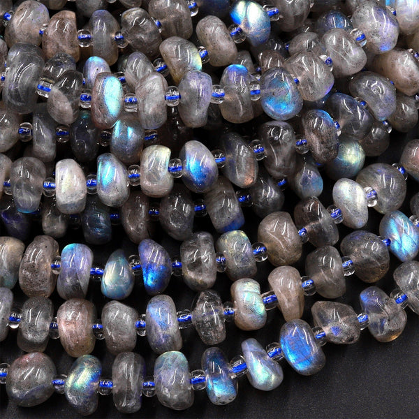 Natural Labradorite Beads 8mm Freeform Center Drilled Thick Rondelle Disc Organic Cut Nuggets 15.5" Strand