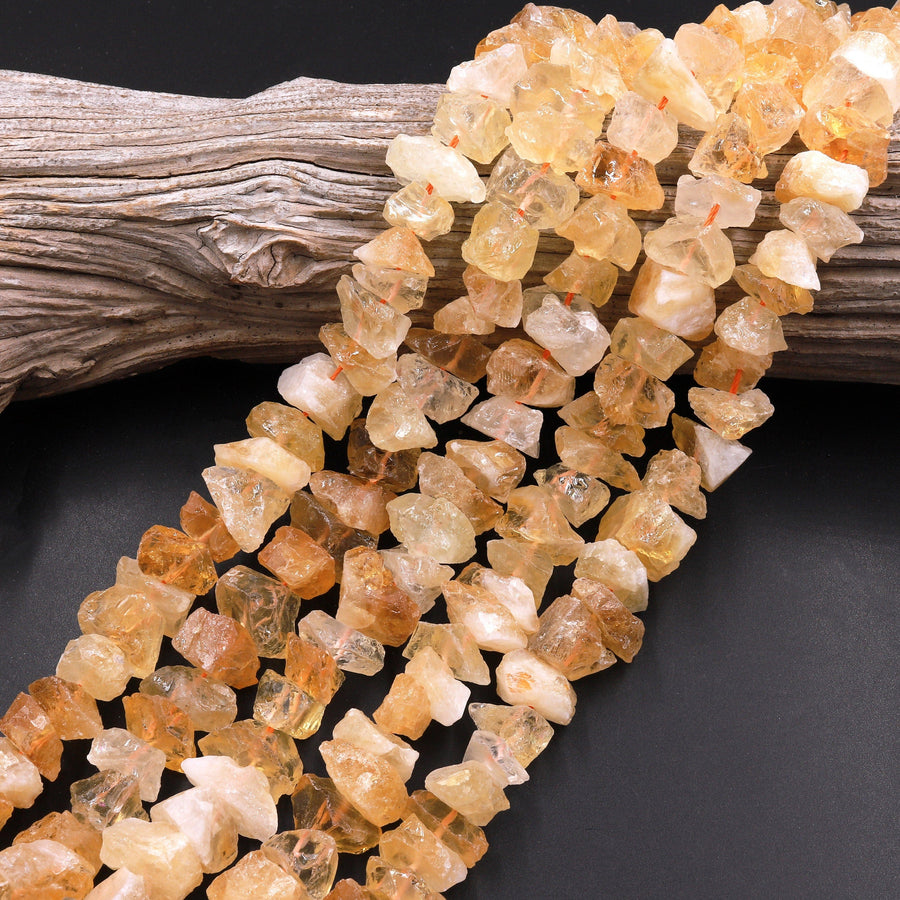 Natural Rough Raw Yellow Citrine Beads Nuggets Freeform Nuggets Hammered 15.5" Strand