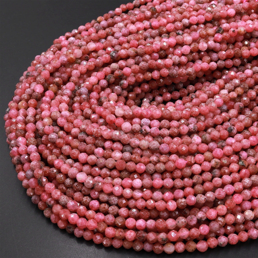 Faceted Natural Pink Red Thulite 2mm 3mm 4mm Round Beads Micro Diamond Cut Gemstone From Norway 15.5" Strand