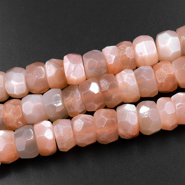 Shimmering Large Faceted Natural Peach Moonstone Rondelle Beads 12mm 15.5" Strand