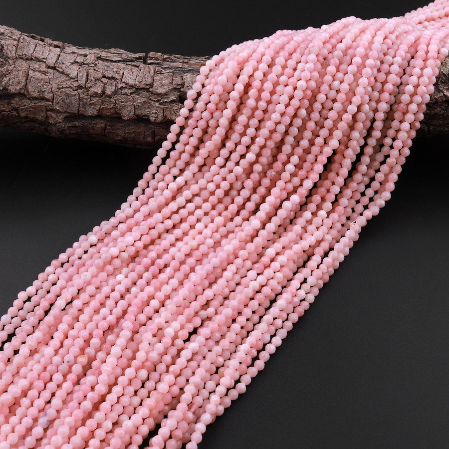 Faceted Natural Peruvian Pink Opal 3mm 4mm Round Beads 15.5" Strand