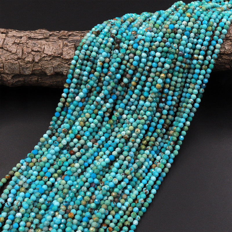AAA Natural Turquoise 3mm Faceted Round Beads Real Genuine Vibrant Blue Turquoise Micro Diamond Cut 15.5" Strand