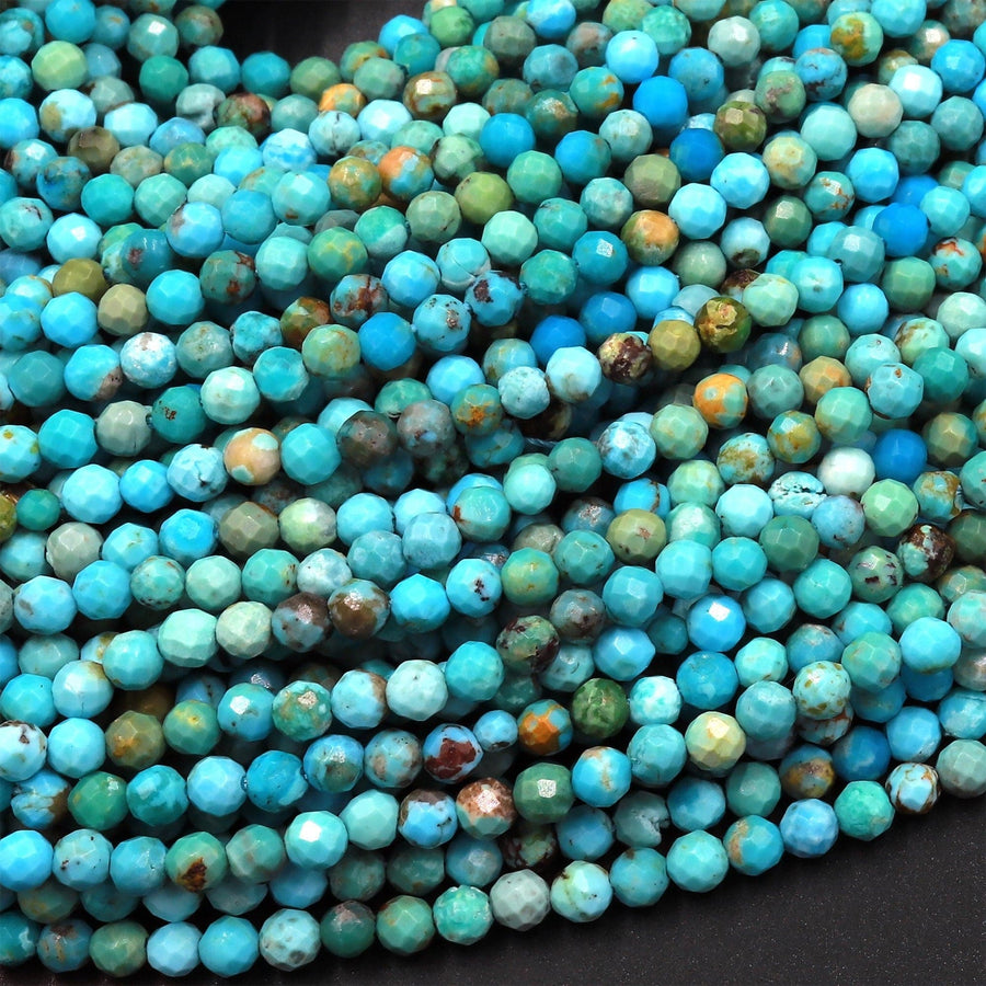 AAA Natural Turquoise 3mm Faceted Round Beads Real Genuine Vibrant Blue Turquoise Micro Diamond Cut 15.5" Strand