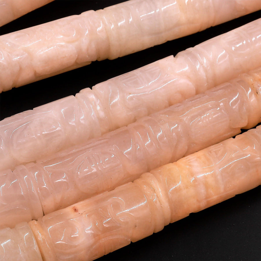 Large Hand Carved Natural Peach Aventurine Tube Beads Ancient Fortune Wealth Symbol 15.5" Strand