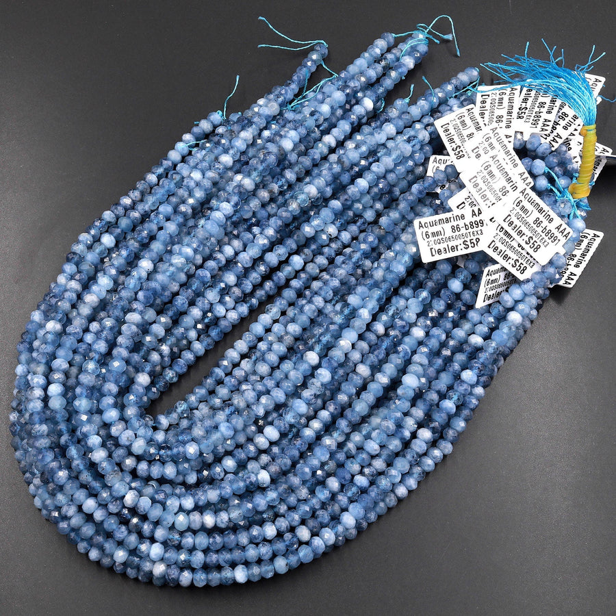 AAA Faceted Natural Stormy Blue Aquamarine Rondelle Beads 4mm 6mm 15.5" Strand
