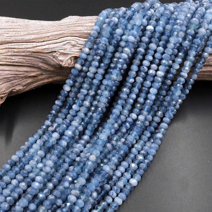 AAA Faceted Natural Stormy Blue Aquamarine Rondelle Beads 4mm 6mm 15.5" Strand