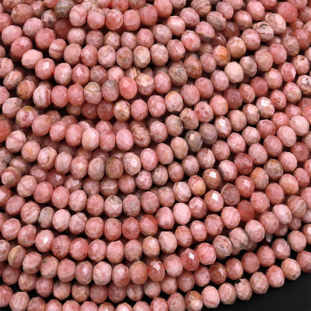 Natural Pink Rhodochrosite 4mm Faceted Rondelle Beads Micro Diamond Cut Genuine Red Pink Gemstone 15.5" Strand