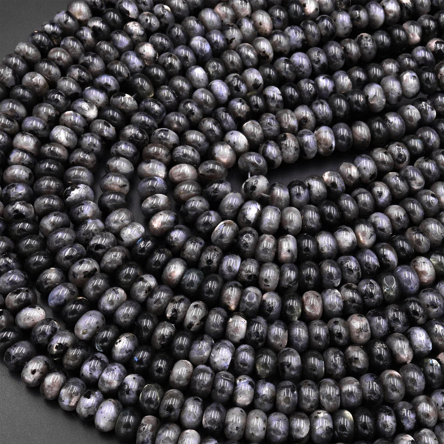 AAA Natural Larvikite 6mm 8mm Smooth Rondelle Beads Aka Norway Moonstone Black Labradorite 15.5" Strand