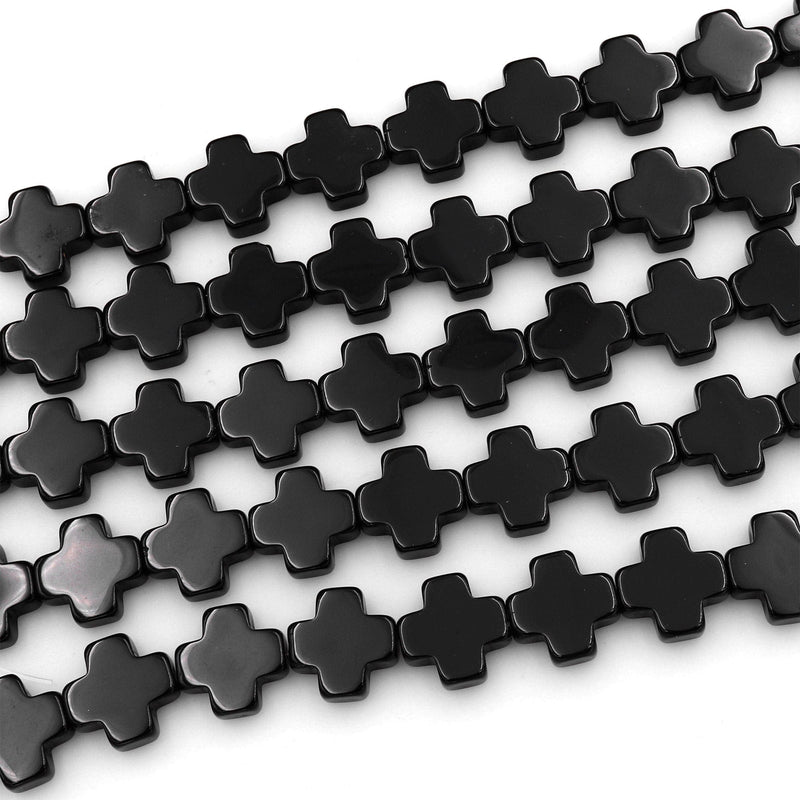 Carved Natural Black Onyx Corss Beads 12mm Side Drilled 7" Strand