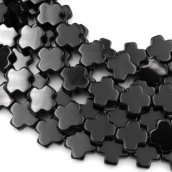 Carved Natural Black Onyx Corss Beads 12mm Side Drilled 7" Strand
