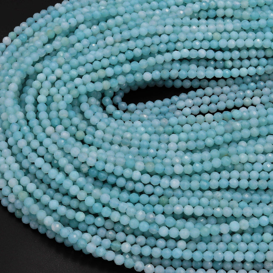 AAA Natural Brazilian Blue Amazonite 3mm 4mm Faceted Round Beads Micro Laser Diamond Cut Gemstone 15.5" Strand