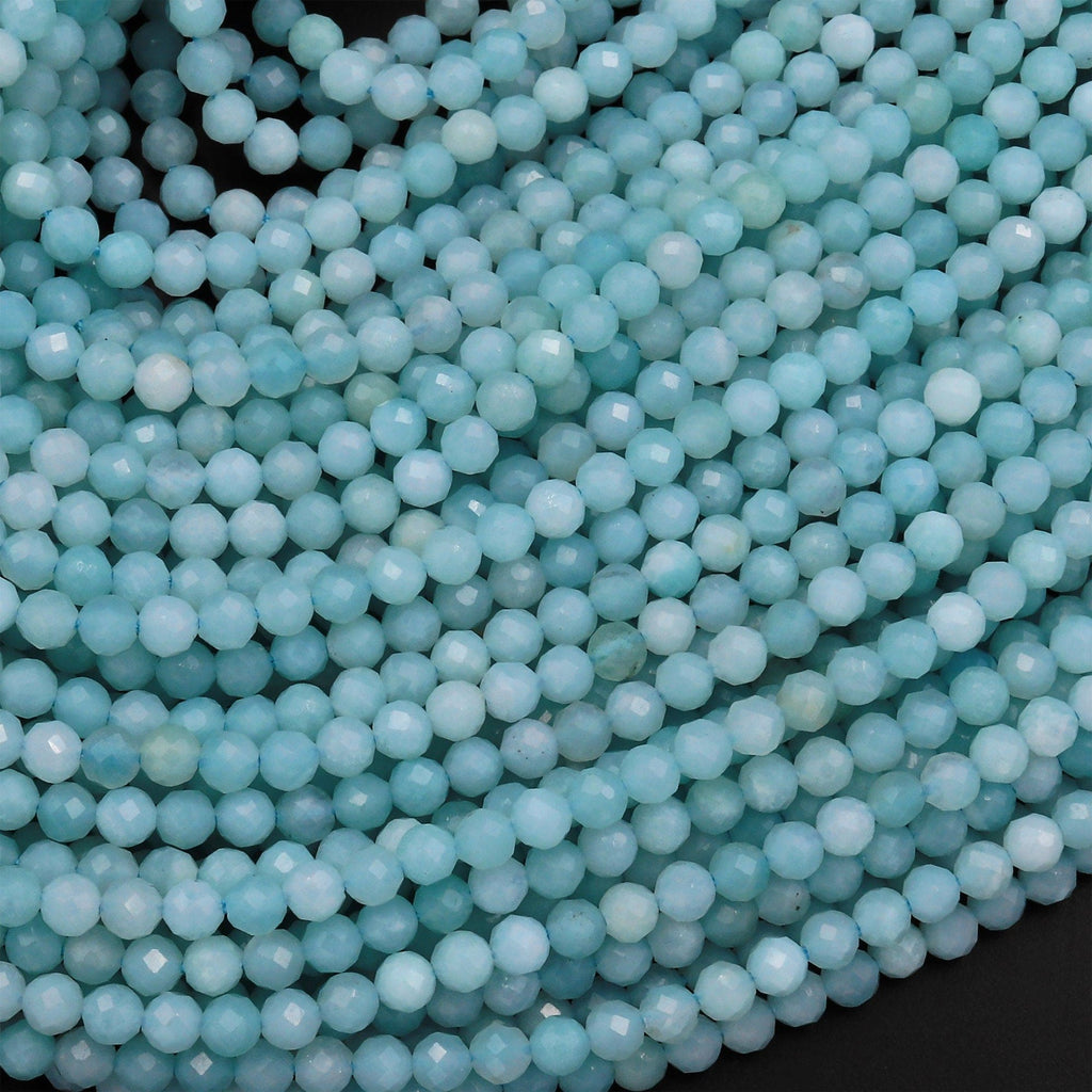 AAA Natural Brazilian Blue Amazonite 3mm 4mm Faceted Round Beads Micro Laser Diamond Cut Gemstone 15.5" Strand