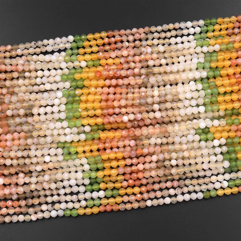 Micro Faceted Multicolor Mixed Gemstone Round Beads 3mm 4mm Sunstone Moonstone Green Yellow Jade 15.5" Strand