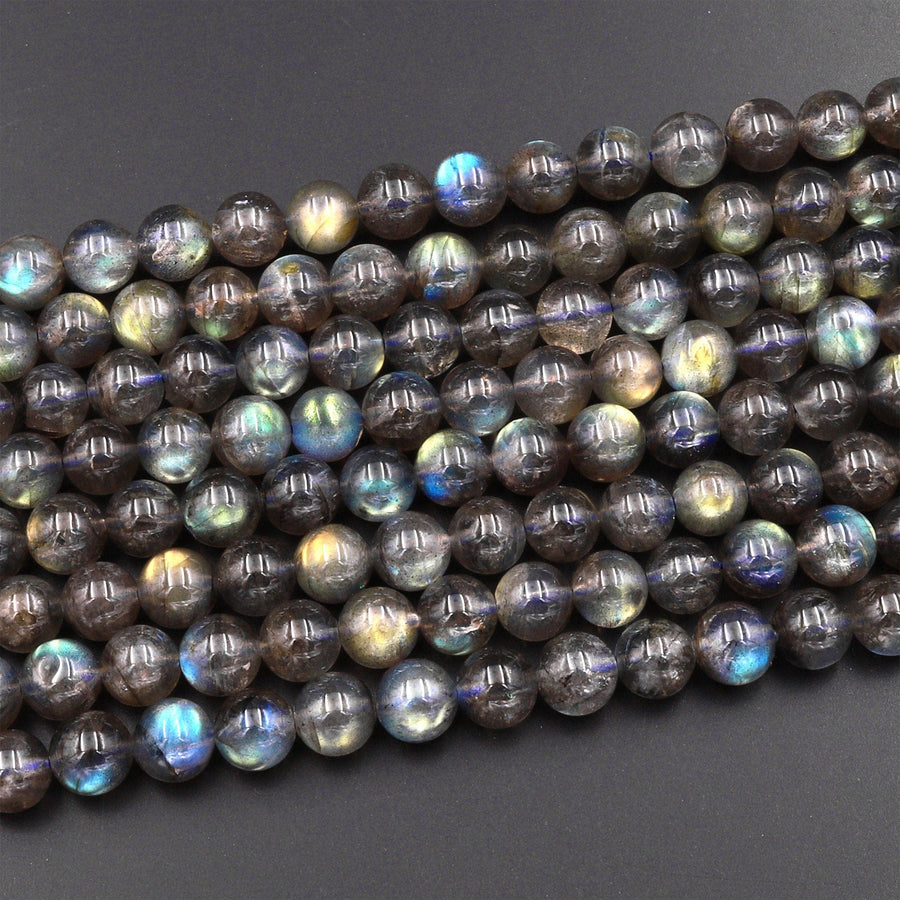 Natural Labradorite 4mm 5mm 6mm 7mm 8mm 9mm 10mm Round Beads Golden Green Flashes 15.5" Strand