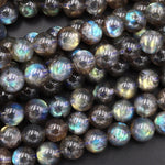 Natural Labradorite 4mm 5mm 6mm 7mm 8mm 9mm 10mm Round Beads Golden Green Flashes 15.5" Strand