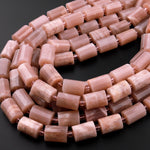 Natural Peach Moonstone Faceted Tube Cylinder Barrel Beads 15.5" Strand