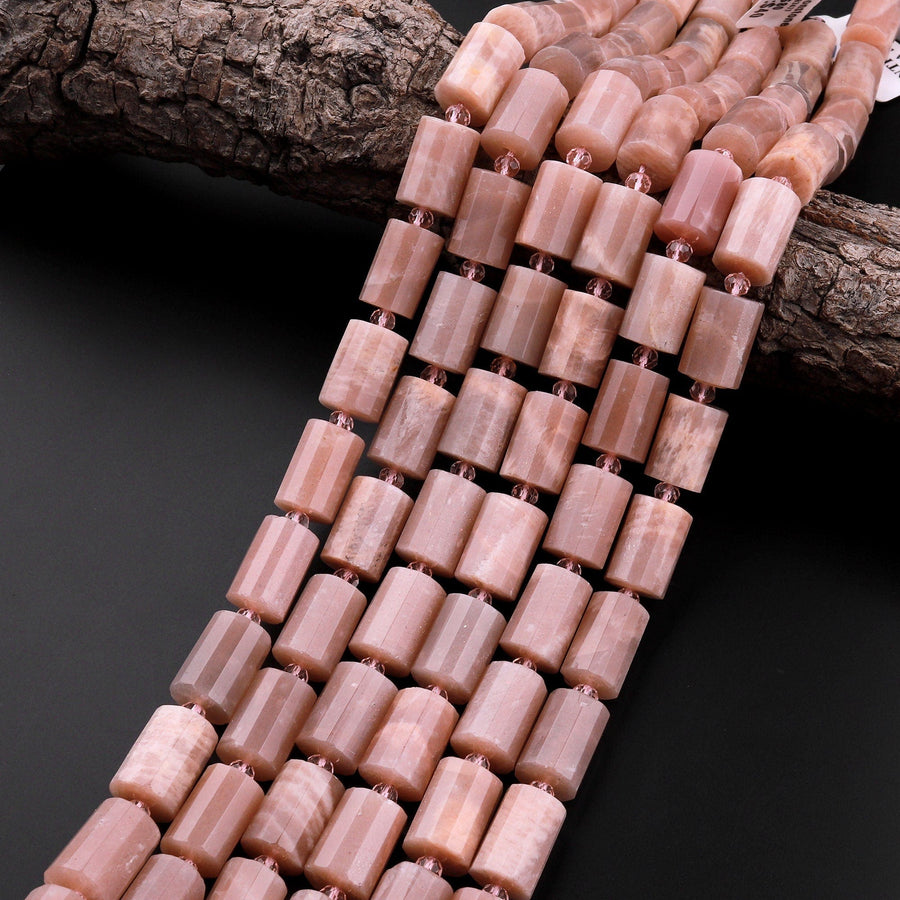 Natural Peach Moonstone Faceted Tube Cylinder Barrel Beads 15.5" Strand