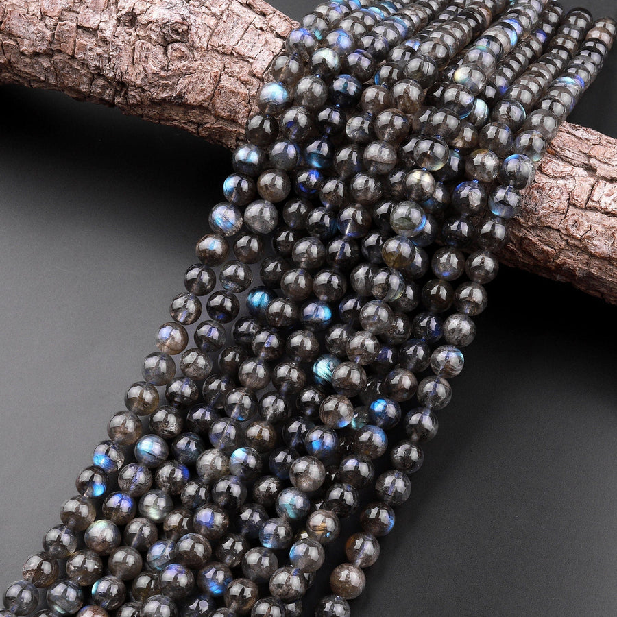 Rare AAA Natural Black Labradorite 6mm 8mm 10mm Round Beads Blue Flashes 15.5" Strand