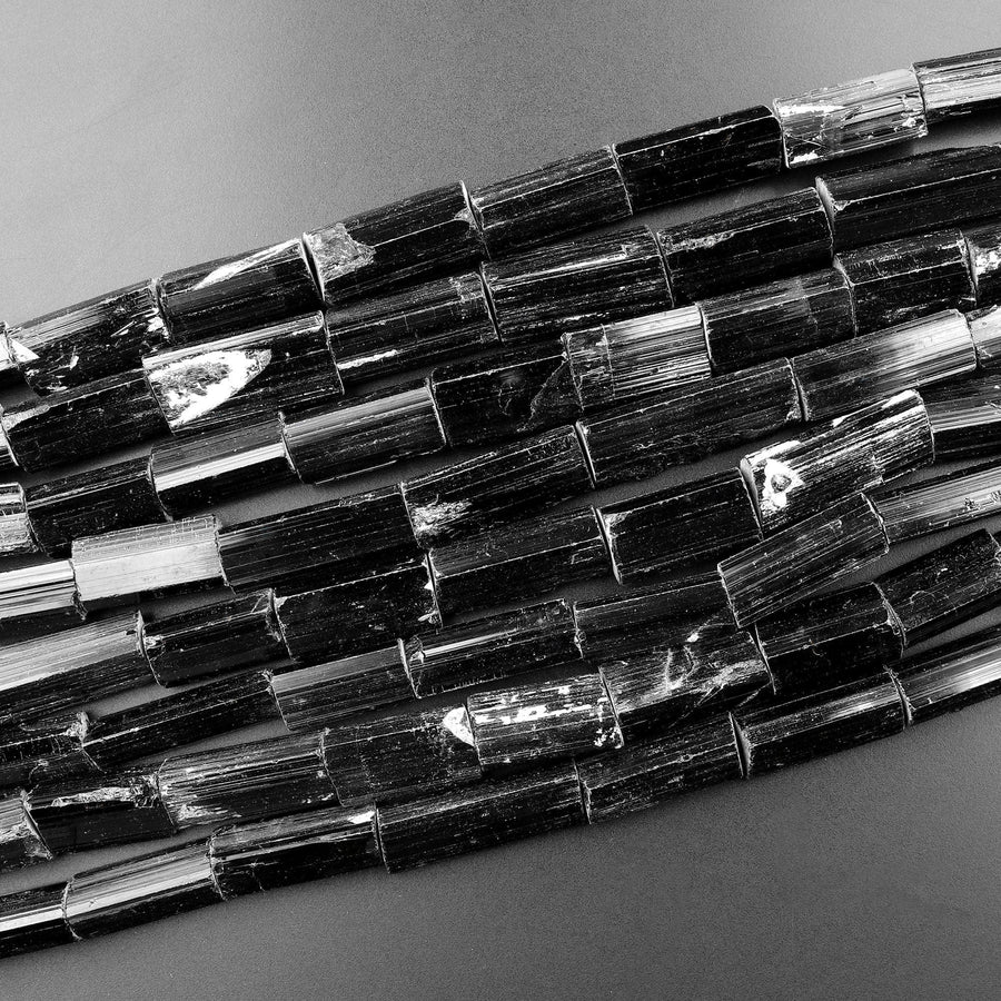 Drilled Raw Natural Black Tourmaline Beads Nugget Real Genuine Crystal Gemstones Tube Superior Quality 16" Strand
