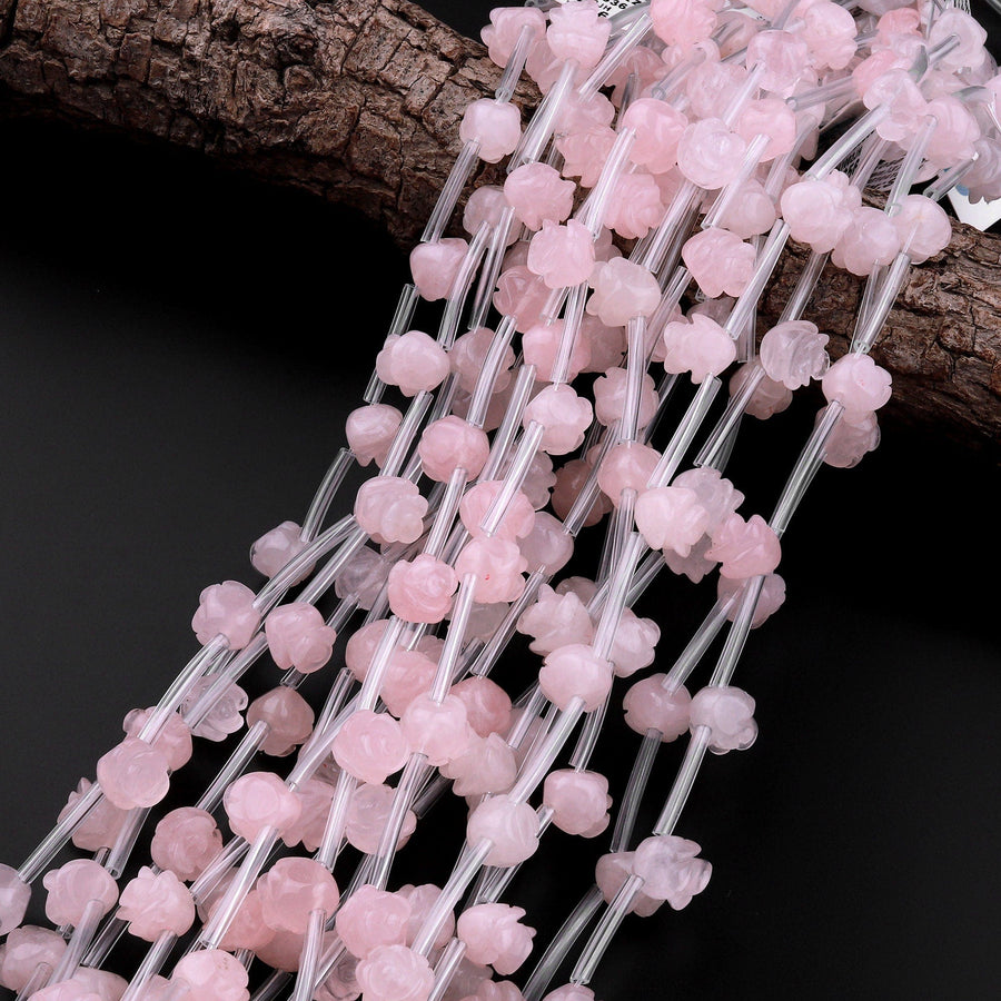 Natural Pink Rose Quartz Hand Carved Rose Flower Gemstone Beads 8mm 10mm 12mm Choose from 5pcs, 10pcs