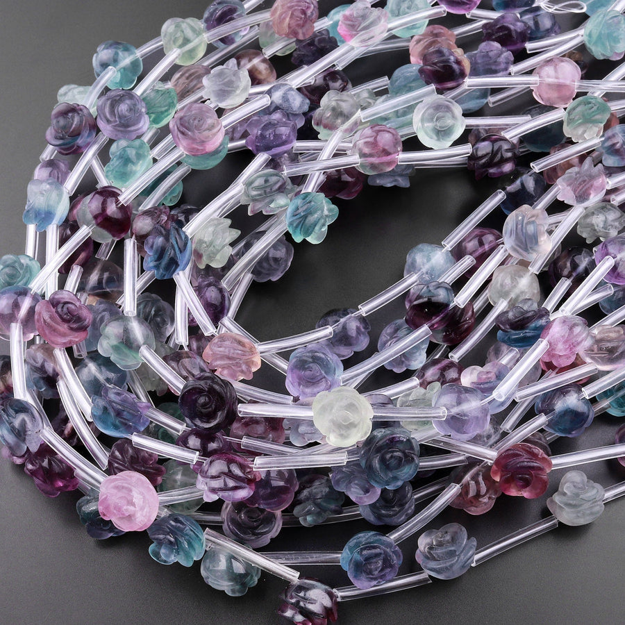 Natural Green Purple Fluorite Hand Carved Rose Flower Gemstone Beads 8mm 10mm 12mm Choose from 5pcs, 10pcs