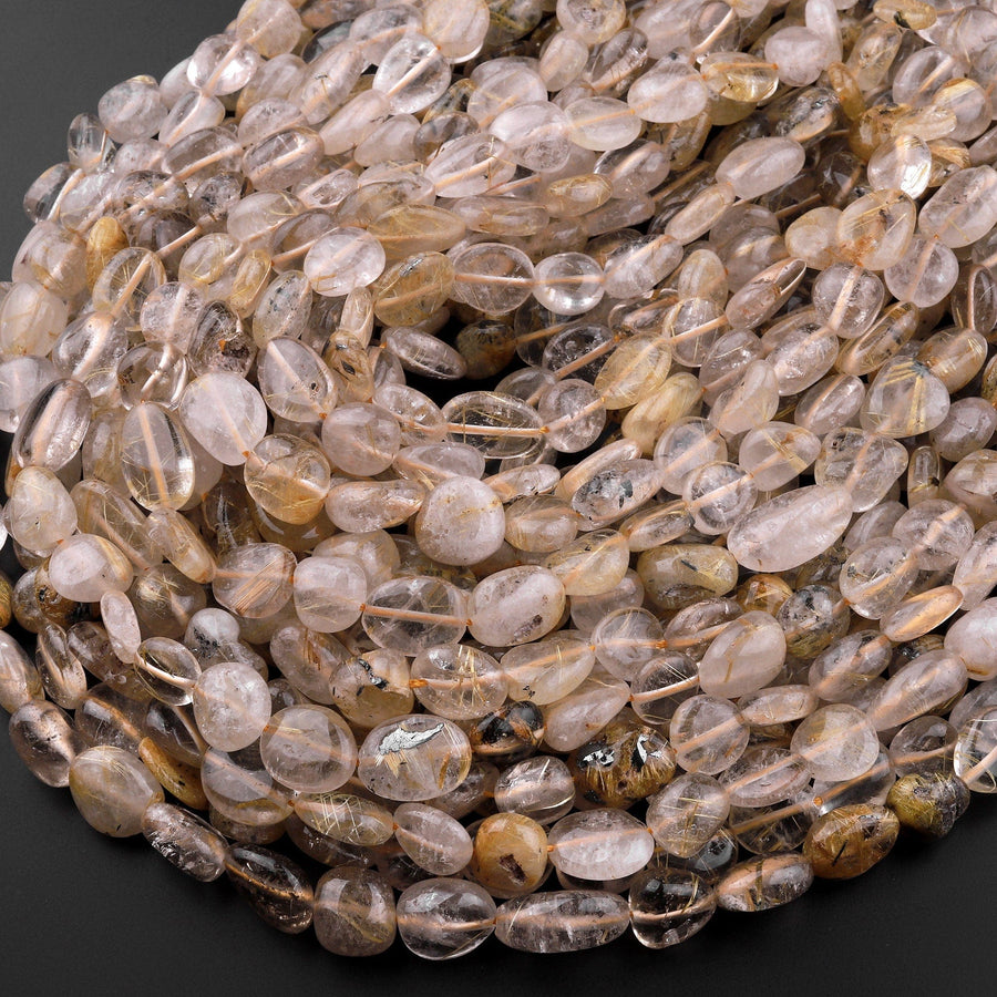 Natural Golden Rutile Quartz Freeform Oval Pebble Nugget Beads Gemstone 15.5" Strand
