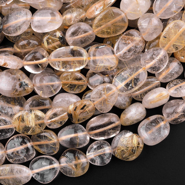 Natural Golden Rutile Quartz Freeform Oval Pebble Nugget Beads Gemstone 15.5" Strand