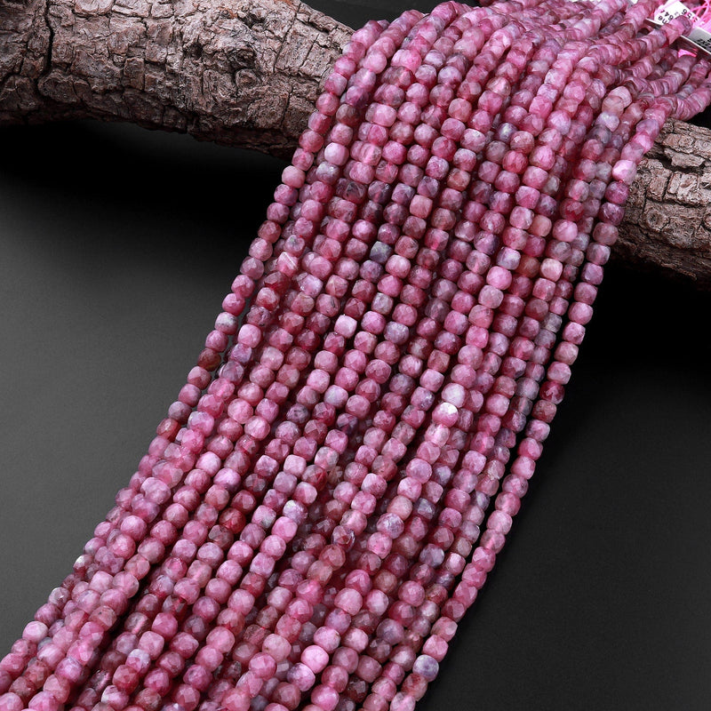 Natural Pink Tourmaline Faceted 4mm Cube Square Dice Beads Gemstone 15.5" Strand