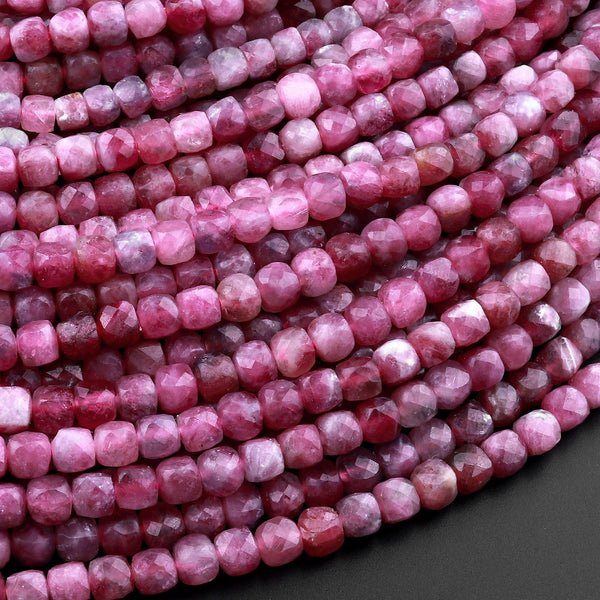 Natural Pink Tourmaline Faceted 4mm Cube Square Dice Beads Gemstone 15.5" Strand