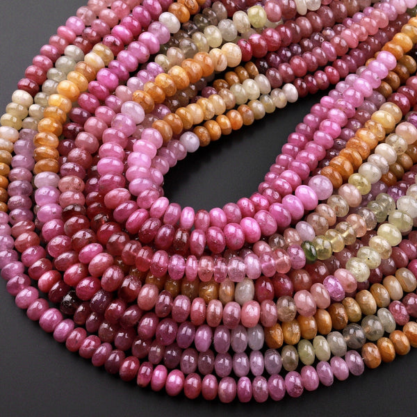 AAA Natural Multicolor Red Pink Yellow Sapphire Smooth Rondelle 6mm 7mm 8mm Gemstone Beads 18" Strand