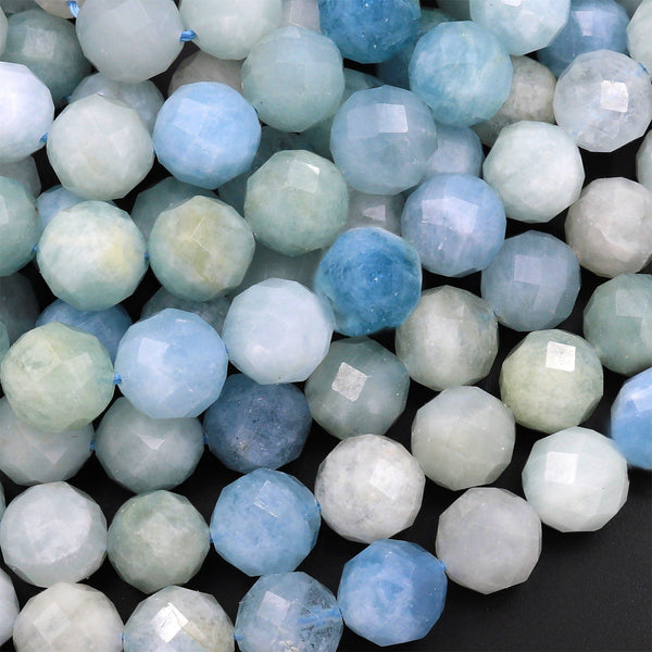Faceted Natural Blue Green Aquamarine 10mm Round Beads 15.5" Strand