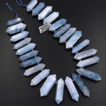 Natural Blue Aquamarine Beads Faceted Double Terminated Pointed Tips Large Side Drilled Focal Pendant 15.5" Strand