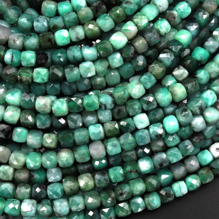 Real Genuine Natural Green Emerald 4mm Faceted Cube Beads Dice Square Gemstone 15.5" Strand