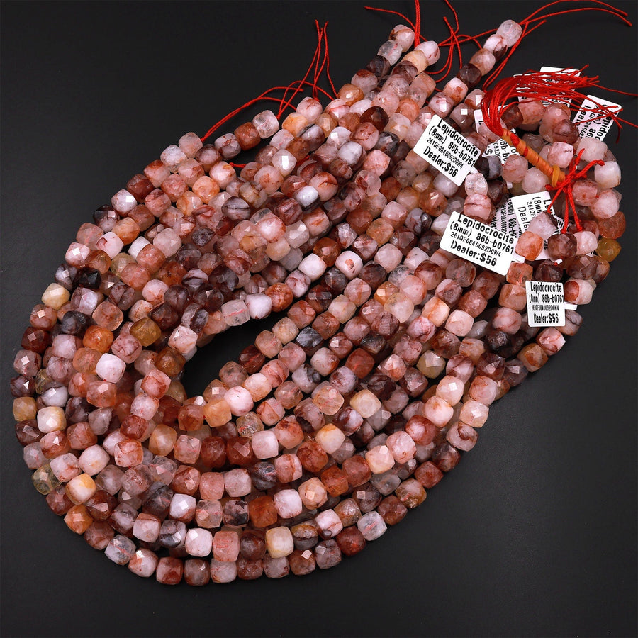 Natural Red Lepidocrocite Quartz Faceted 8mm 10mm Cube Beads 15.5" Strand