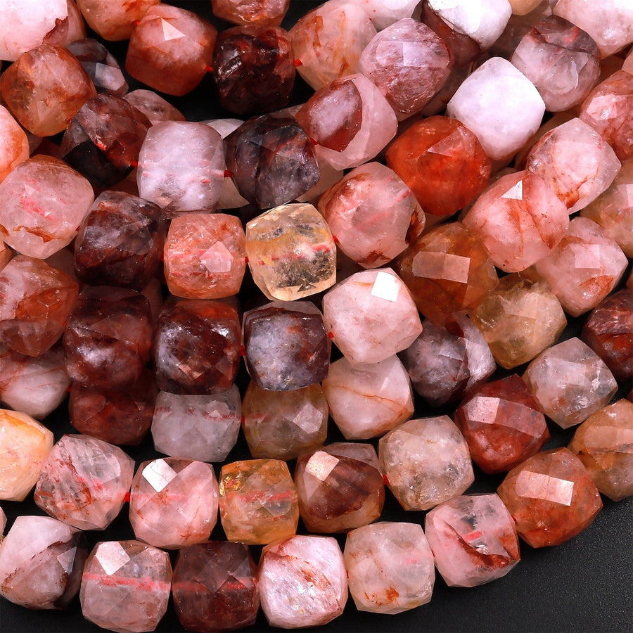 Natural Red Lepidocrocite Quartz Faceted 8mm 10mm Cube Beads 15.5" Strand