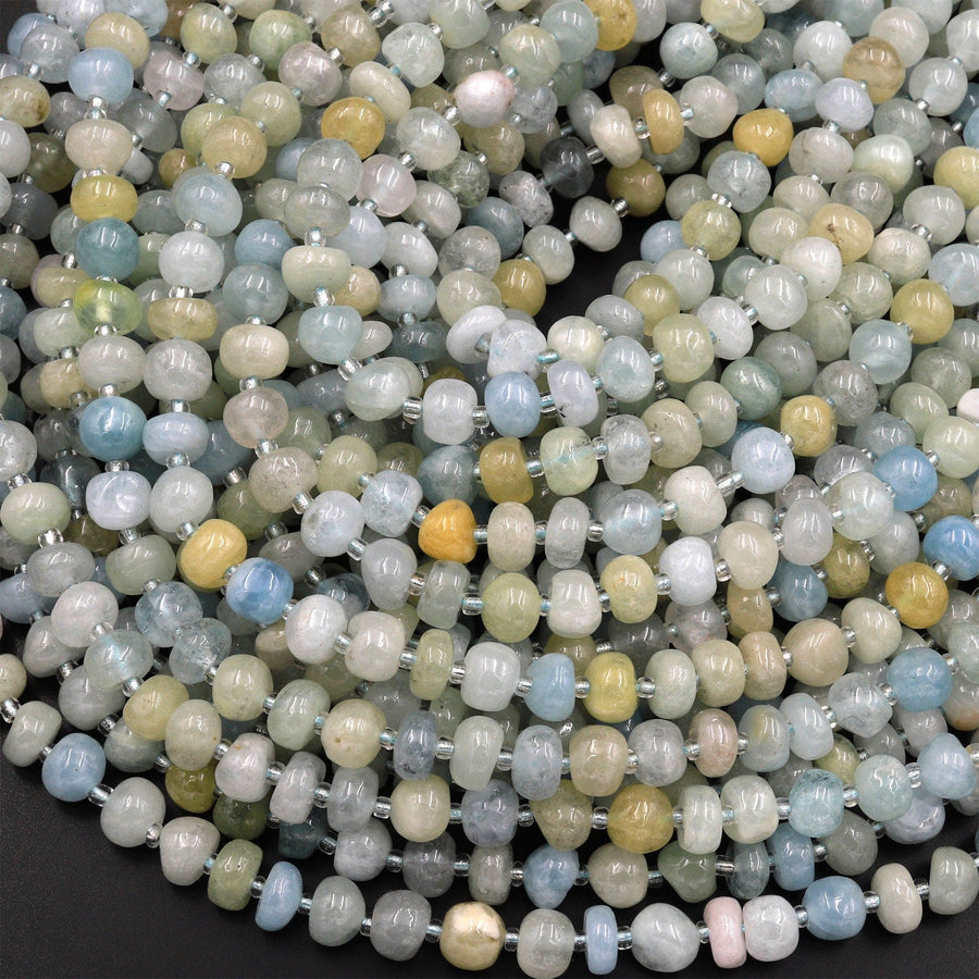 Natural Aquamarine 6mm Freeform Rounded Pebble Nugget Beads Blue Green Canary Yellow Gemstone 15.5" Strand