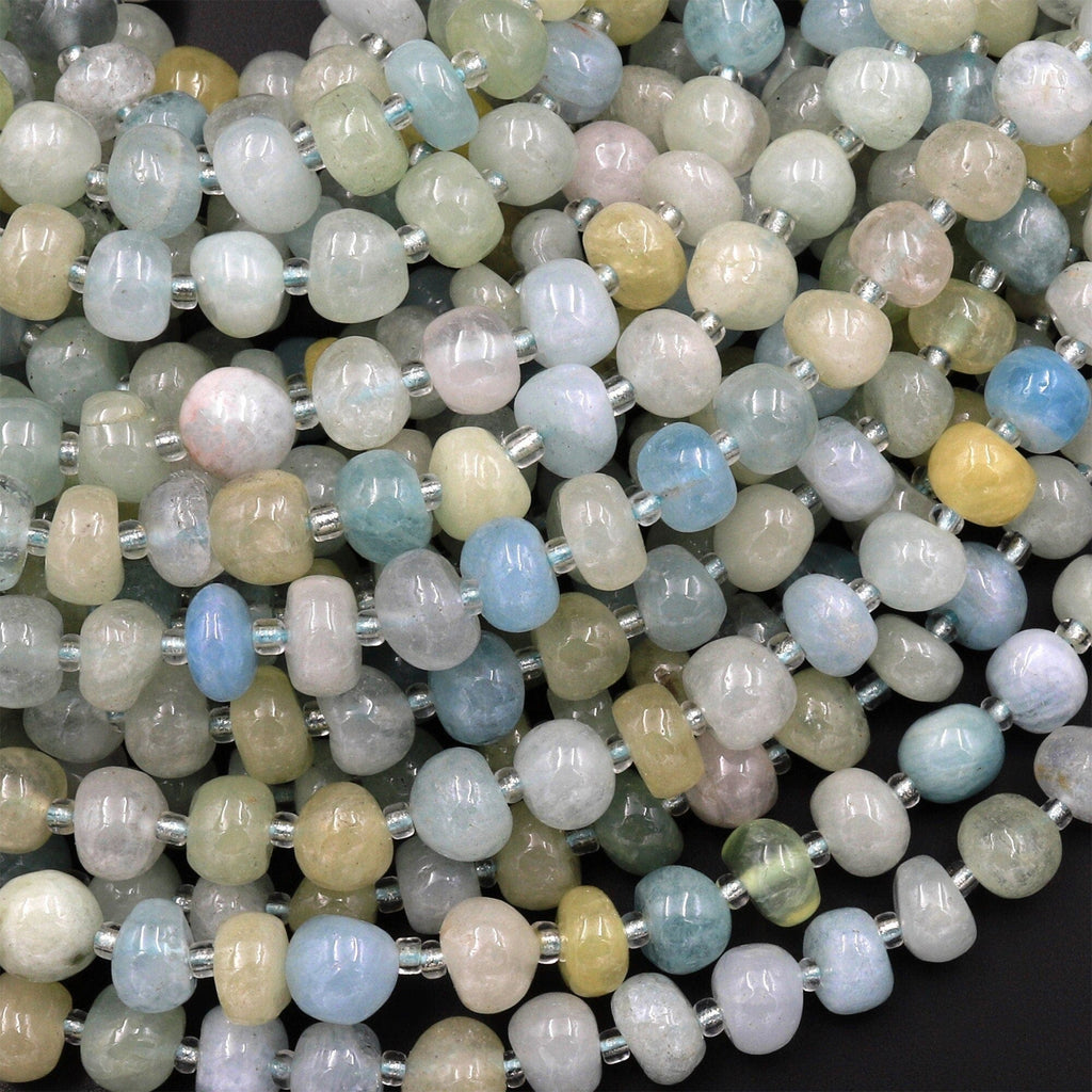 Natural Aquamarine 6mm Freeform Rounded Pebble Nugget Beads Blue Green Canary Yellow Gemstone 15.5" Strand