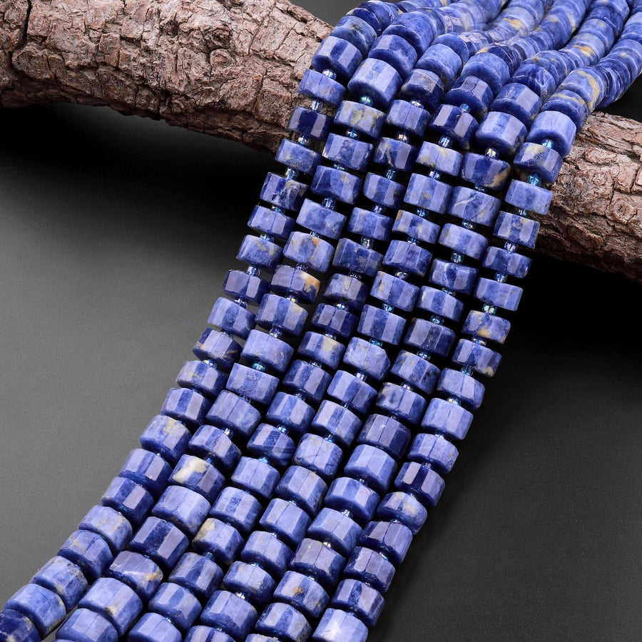 Stunning Natural Denim Blue Sodalite Faceted Wheel Rondelle Heishi Cylinder 10mm Beads 15.5" Strand
