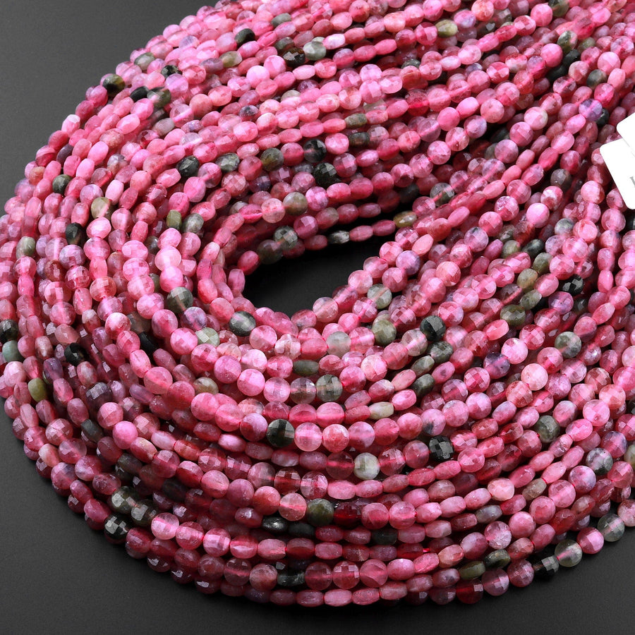 Faceted Pink Green Tourmaline Coin Beads 5mm Flat Disc Dazzling Facets Natural Gemstone 15.5" Strand