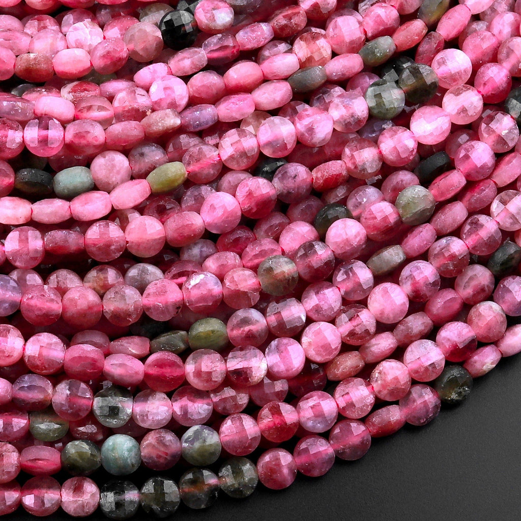 Faceted Pink Green Tourmaline Coin Beads 5mm Flat Disc Dazzling Facets Natural Gemstone 15.5" Strand