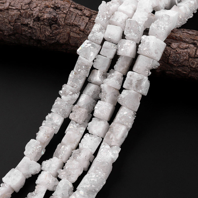 Natural White Agate Druzy Drusy Beads Freeform Square Cube 15.5" Strand